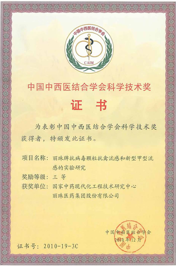 2010年度中国中西医学会科学技术奖三等奖